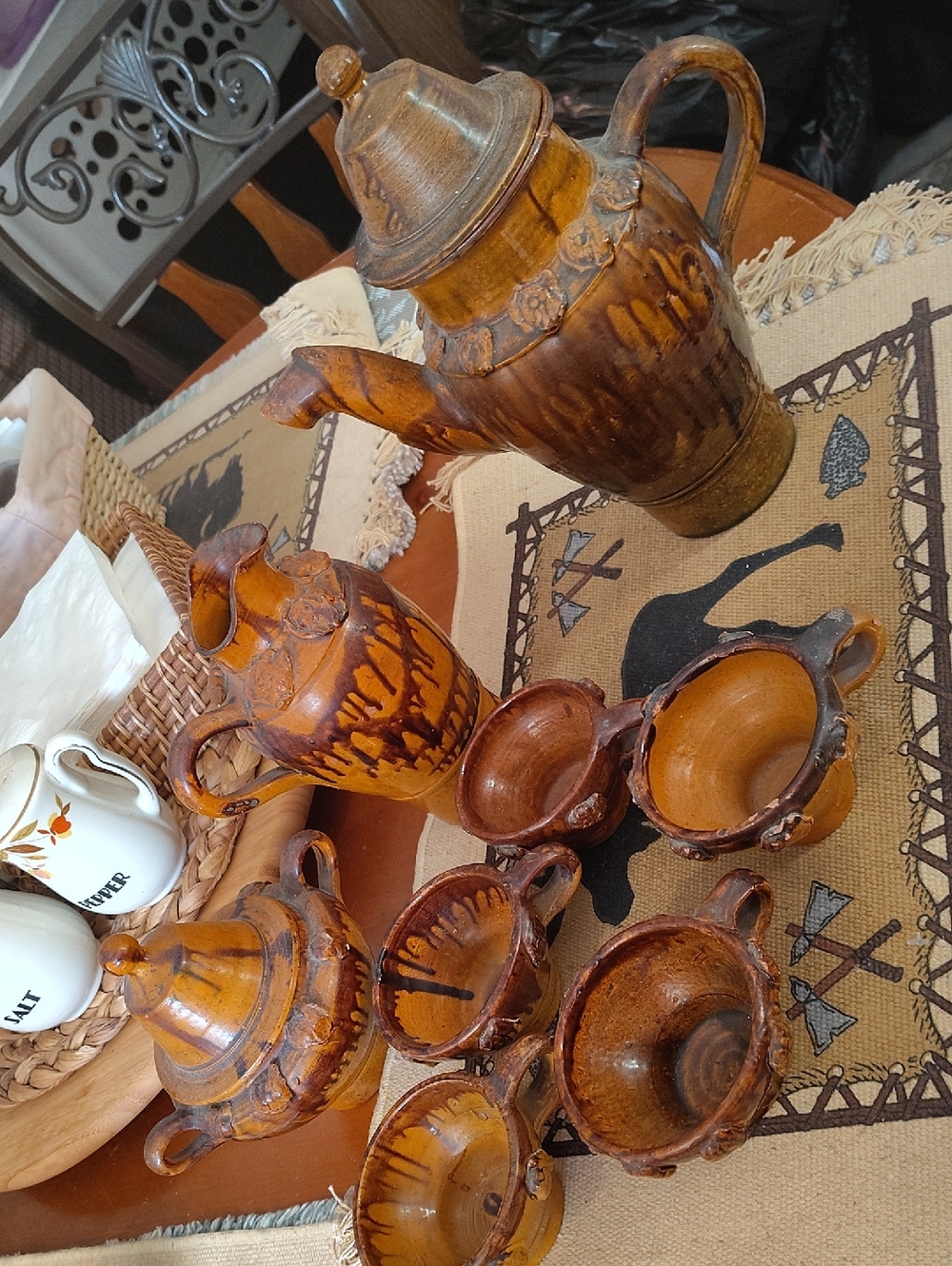 1930 Vintage Mexican Glazed Ceramic Tea Set in Warm Brown Amber Tones